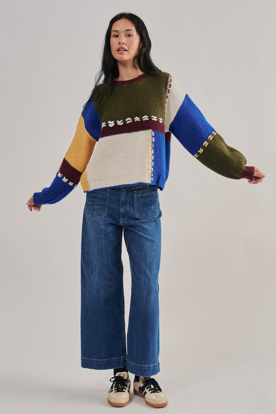 Colorblock Whipstitch Patchwork Knit Sweater in Multi - Women's Sweaters | Urban Daizy