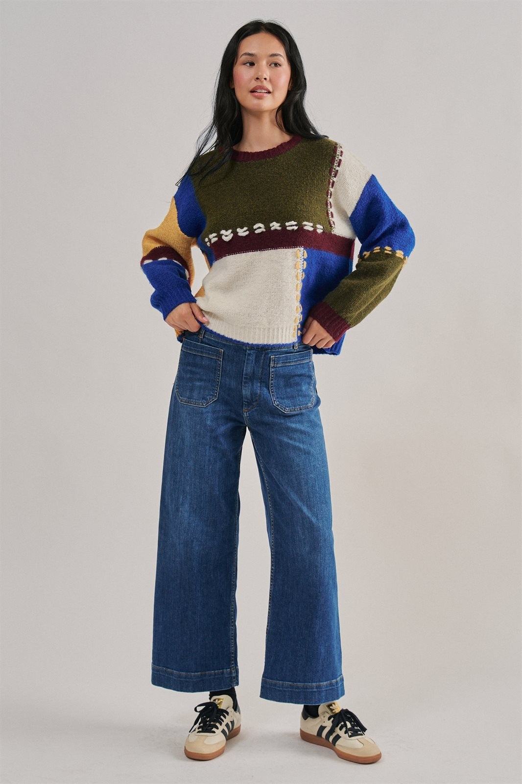 Colorblock Whipstitch Patchwork Knit Sweater in Multi - Women's Sweaters | Urban Daizy