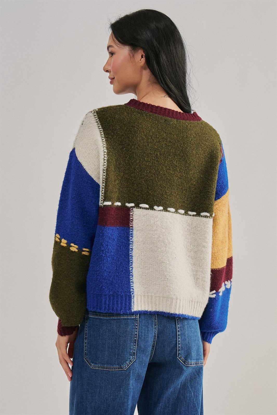 Colorblock Whipstitch Patchwork Knit Sweater in Multi - Women's Sweaters | Urban Daizy