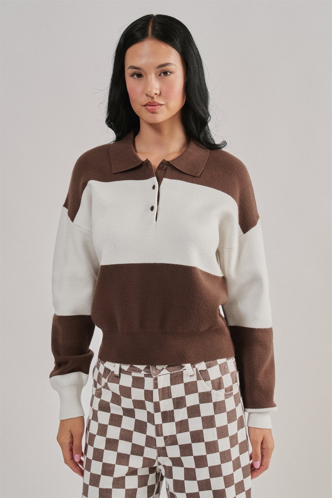 Colorblock Striped Knit Polo Sweater in Brown Ivory - Women's Sweaters | Urban Daizy