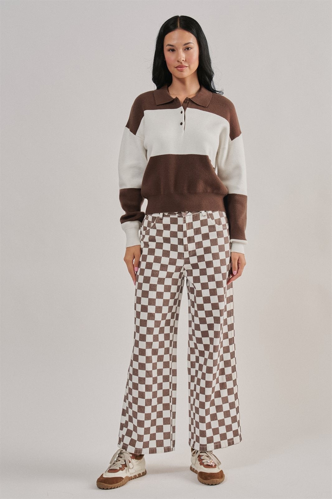 Colorblock Striped Knit Polo Sweater in Brown Ivory - Women's Sweaters | Urban Daizy