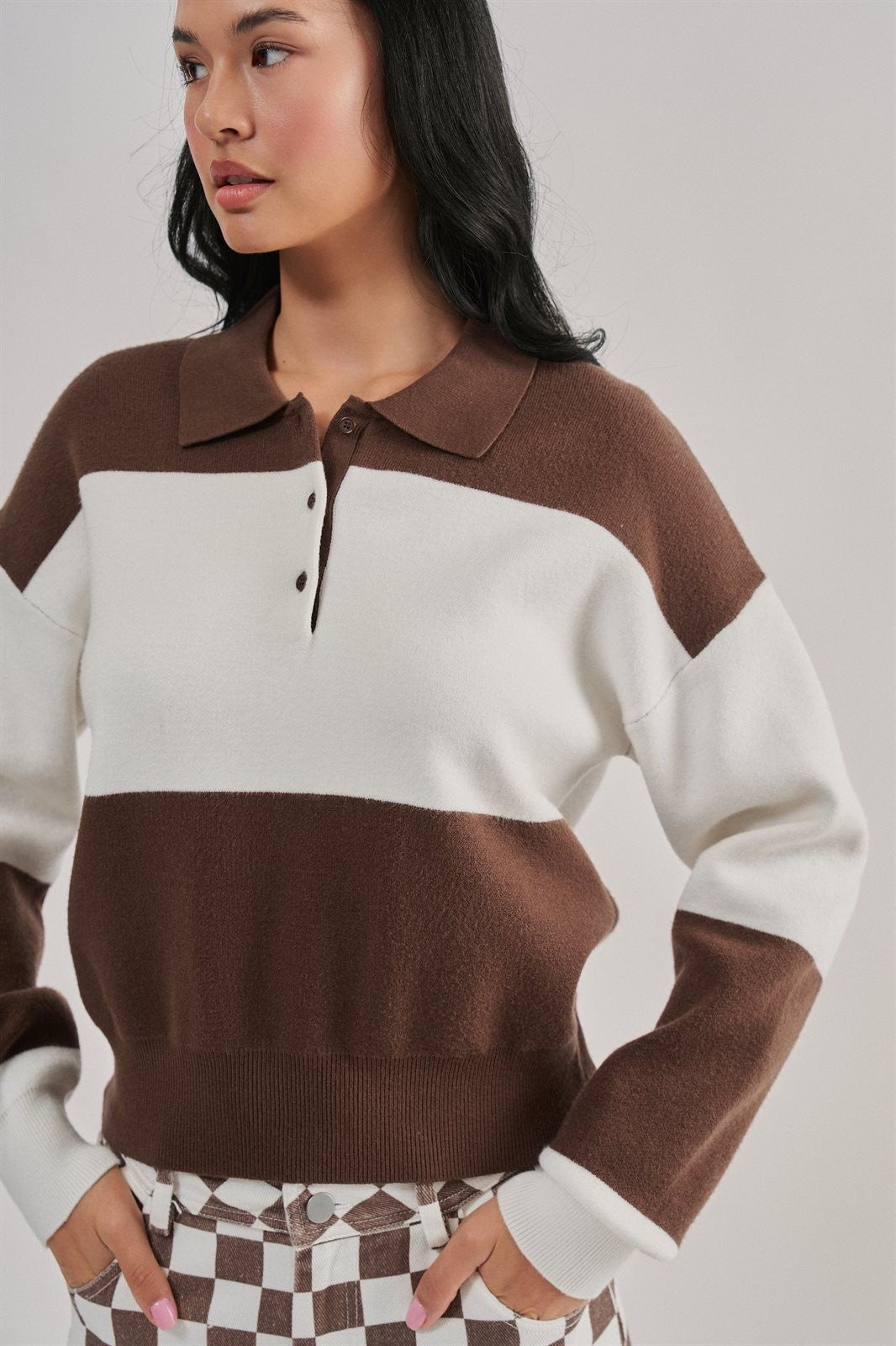 Colorblock Striped Knit Polo Sweater in Brown Ivory - Women's Sweaters | Urban Daizy