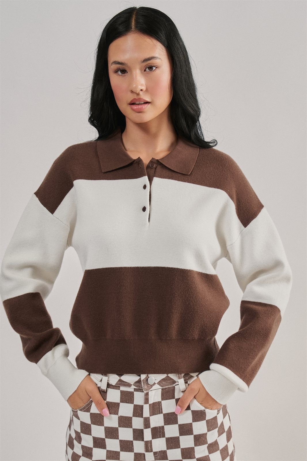 Colorblock Striped Knit Polo Sweater in Brown Ivory - Women's Sweaters | Urban Daizy