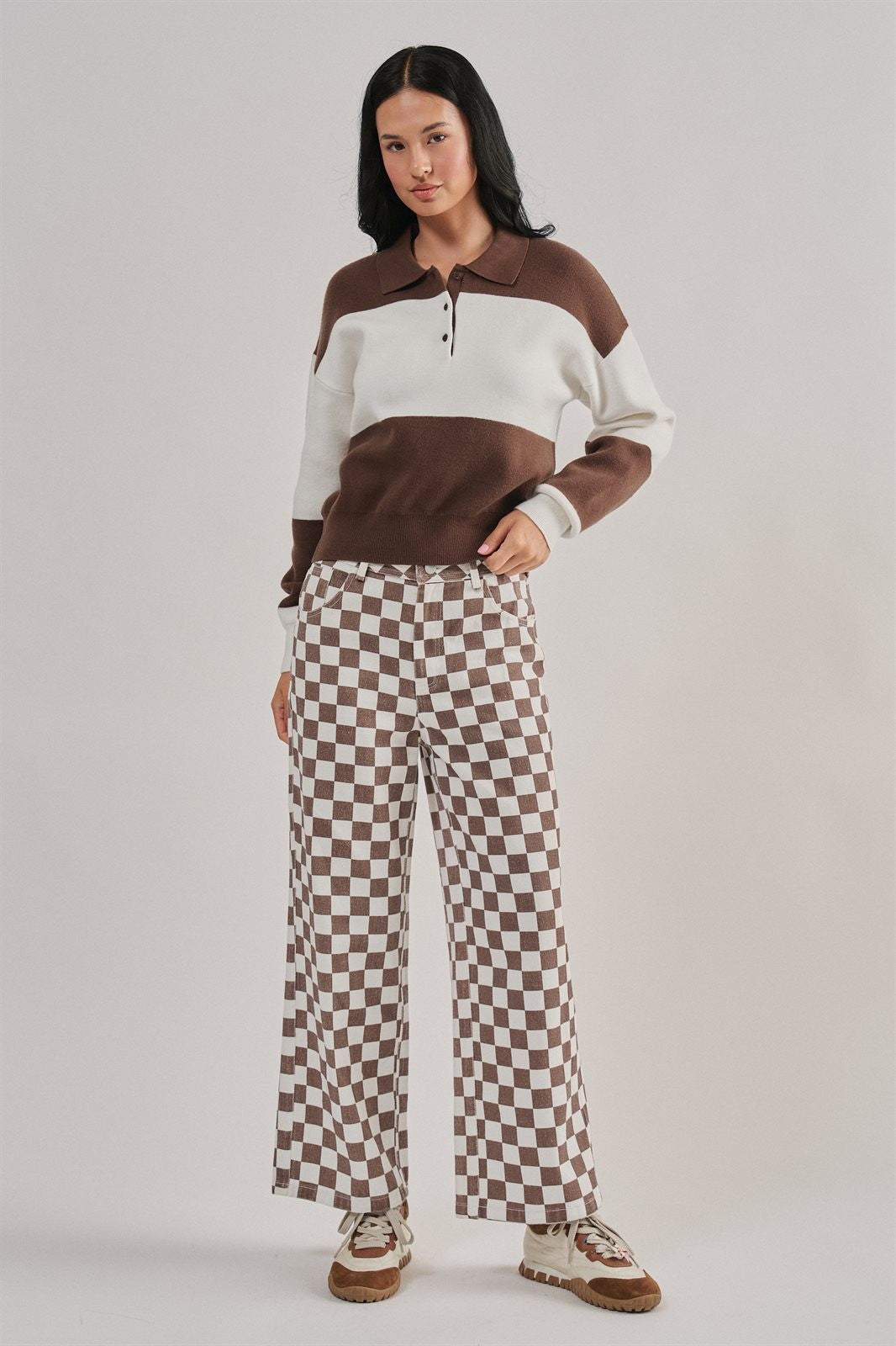 Colorblock Striped Knit Polo Sweater in Brown Ivory - Women's Sweaters | Urban Daizy