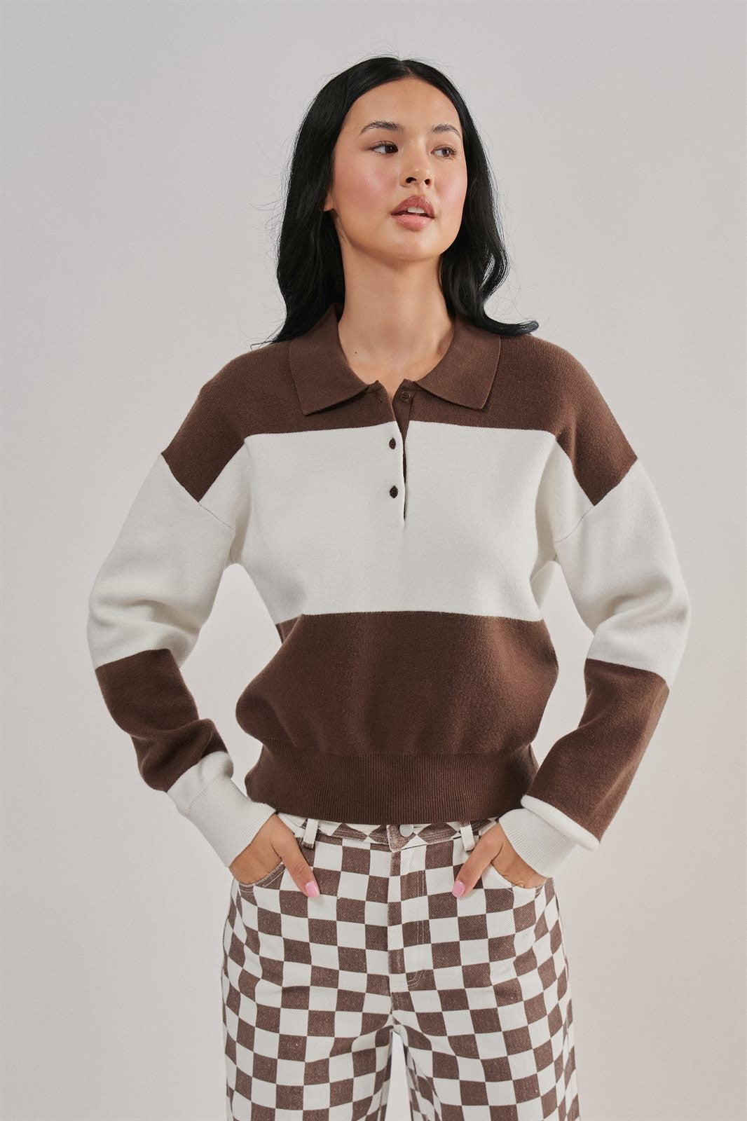 Colorblock Striped Knit Polo Sweater in Brown Ivory - Women's Sweaters | Urban Daizy