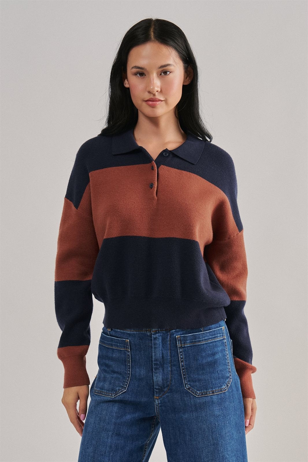 Colorblock Striped Knit Polo Sweater in Navy Choco - Women's Sweaters | Urban Daizy