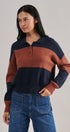 Colorblock Striped Knit Polo Sweater in Navy Choco - Women's Sweaters | Urban Daizy