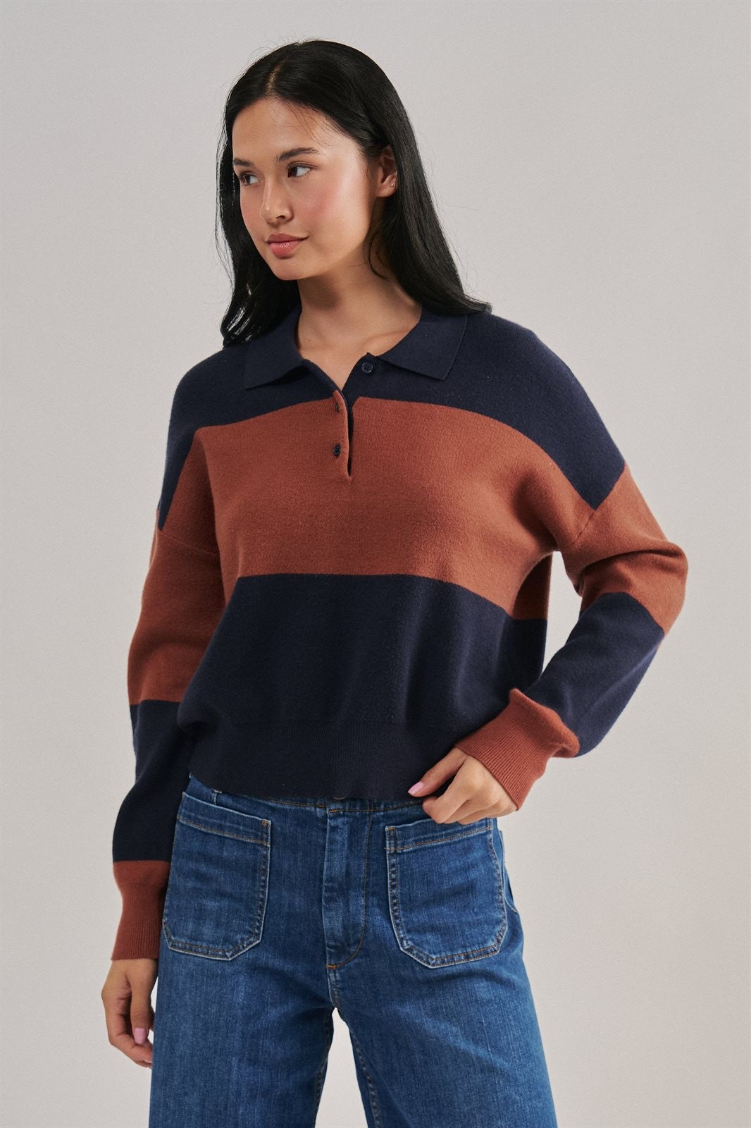 Colorblock Striped Knit Polo Sweater in Navy Choco - Women's Sweaters | Urban Daizy