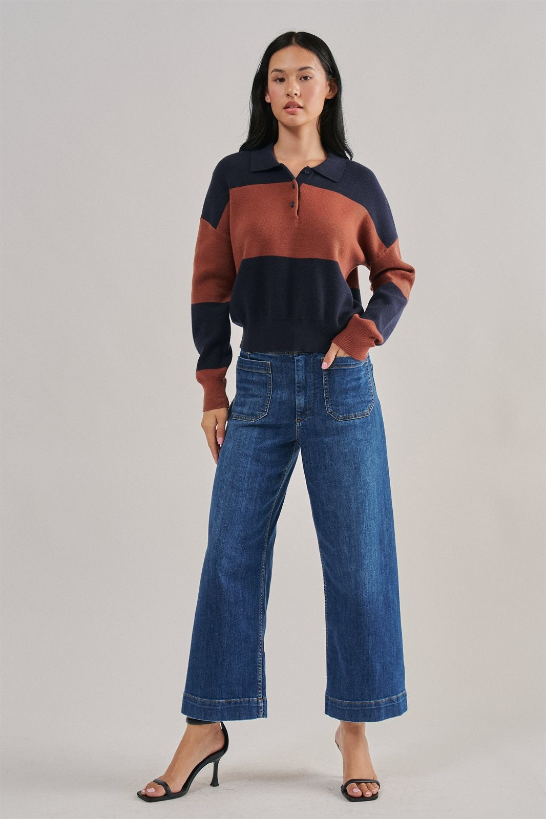 Colorblock Striped Knit Polo Sweater in Navy Choco - Women's Sweaters | Urban Daizy