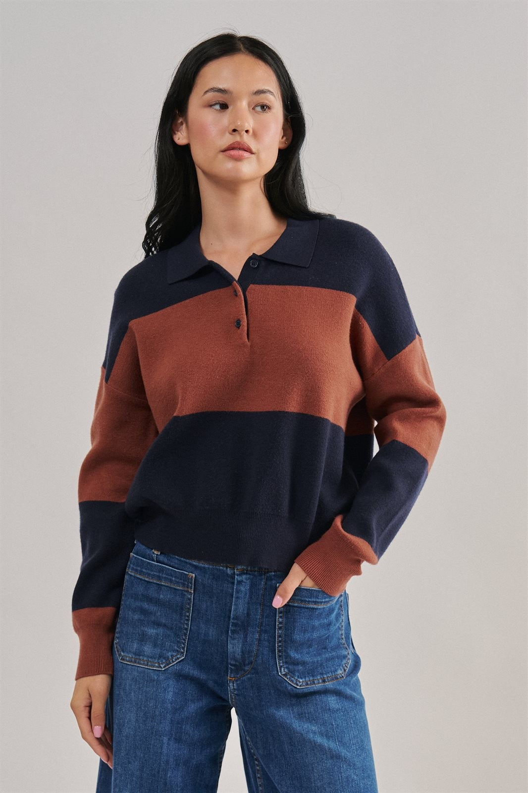 Colorblock Striped Knit Polo Sweater in Navy Choco - Women's Sweaters | Urban Daizy
