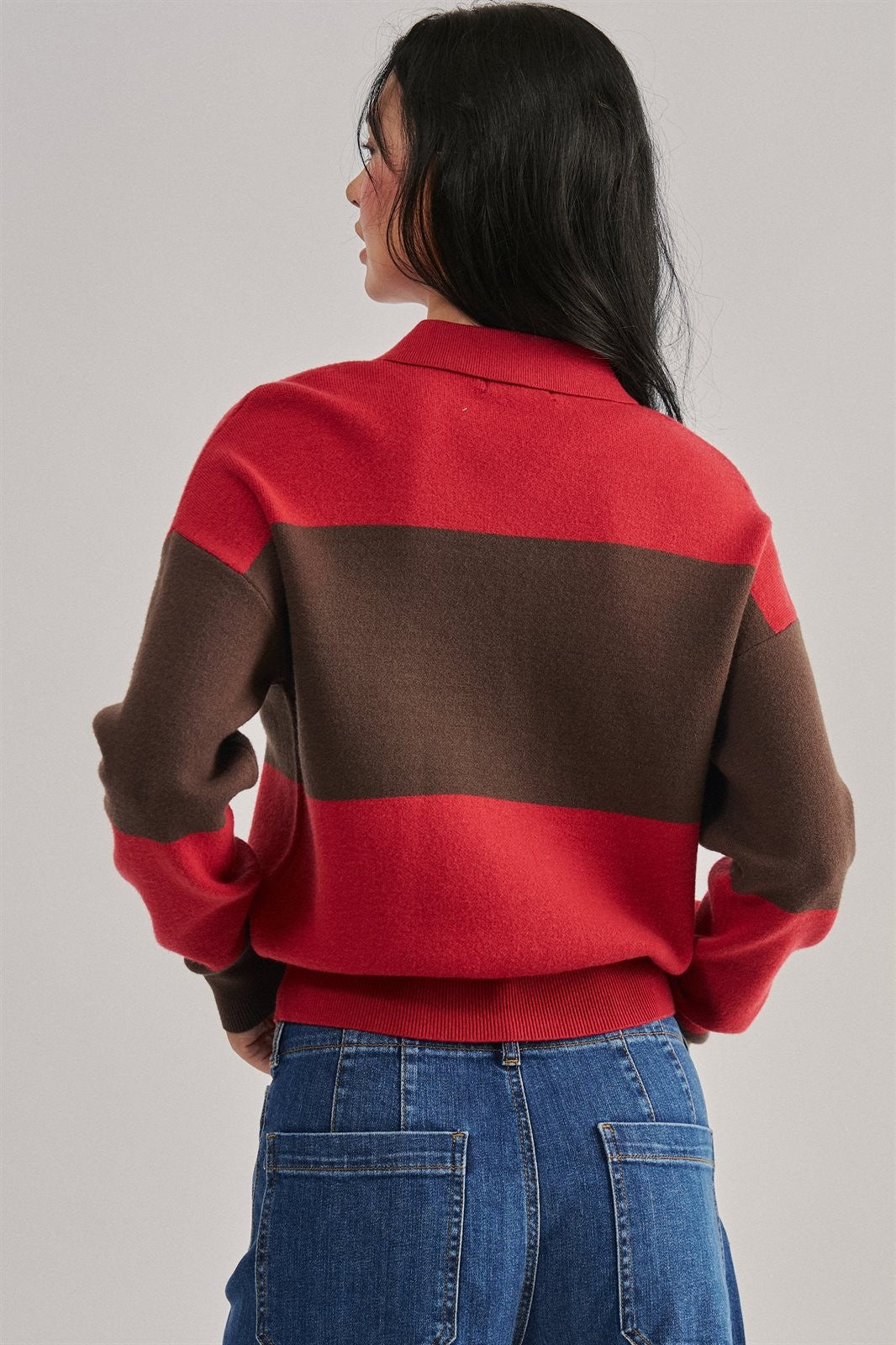 Colorblock Striped Knit Polo Sweater in Navy Choco - Women's Sweaters | Urban Daizy