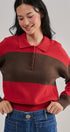 Colorblock Striped Knit Polo Sweater in Red Choco - Women's Sweaters | Urban Daizy