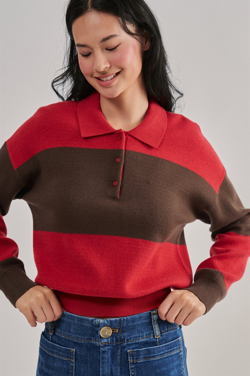 Colorblock Striped Knit Polo Sweater in Red Choco - Women's Sweaters | Urban Daizy