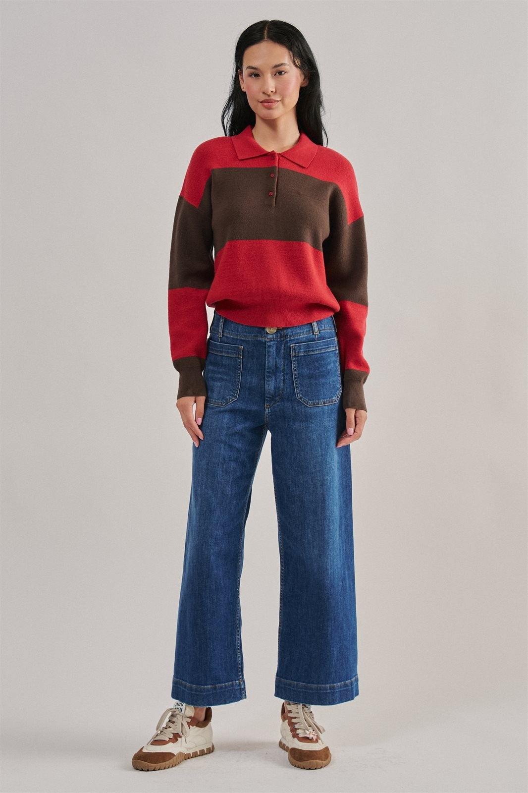 Colorblock Striped Knit Polo Sweater in Red Choco - Women's Sweaters | Urban Daizy