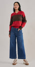 Colorblock Striped Knit Polo Sweater in Red Choco - Women's Sweaters | Urban Daizy