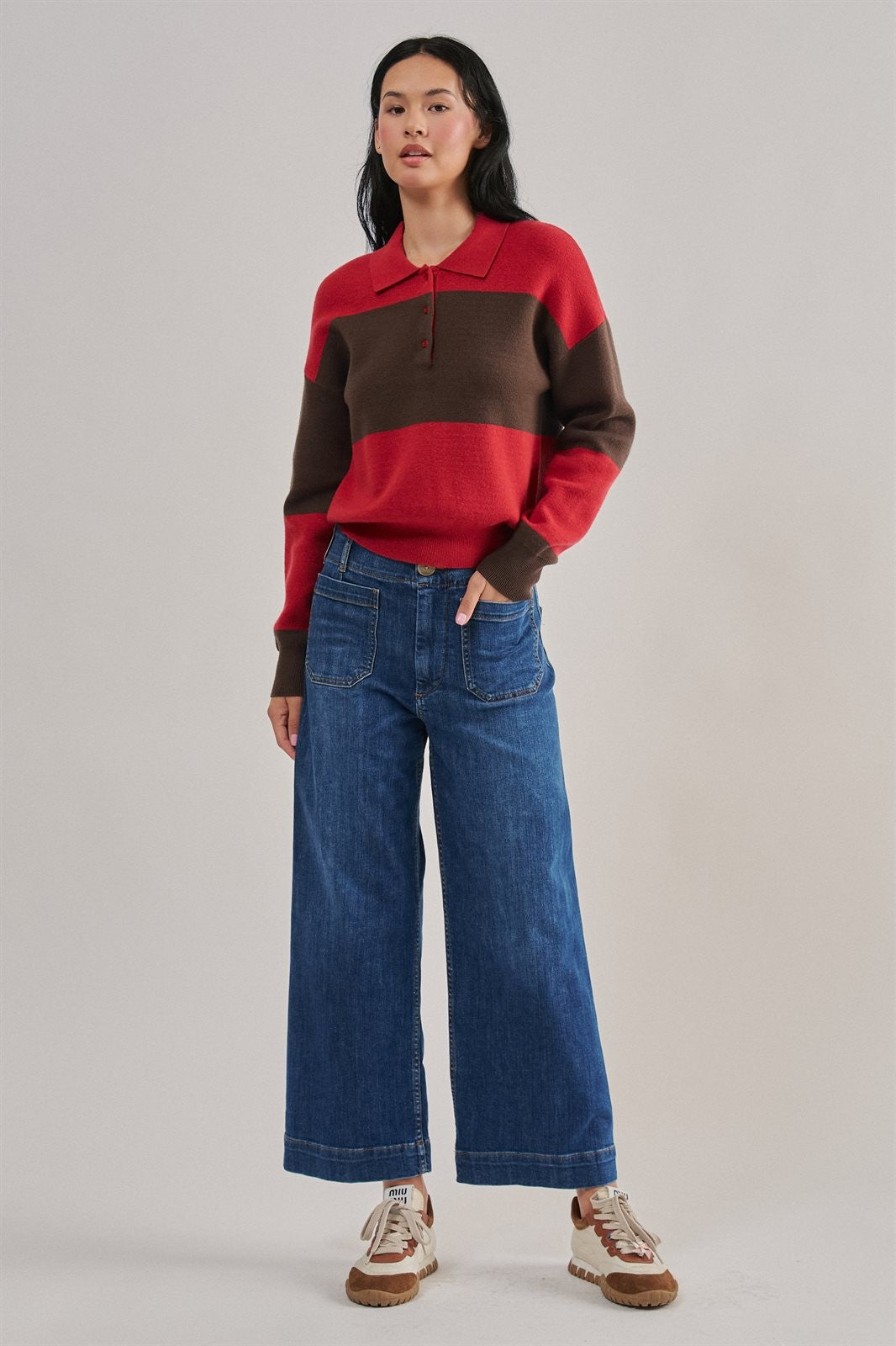 Colorblock Striped Knit Polo Sweater in Red Choco - Women's Sweaters | Urban Daizy