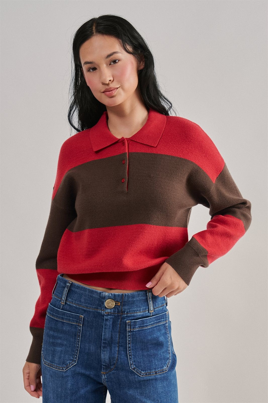 Colorblock Striped Knit Polo Sweater in Red Choco - Women's Sweaters | Urban Daizy