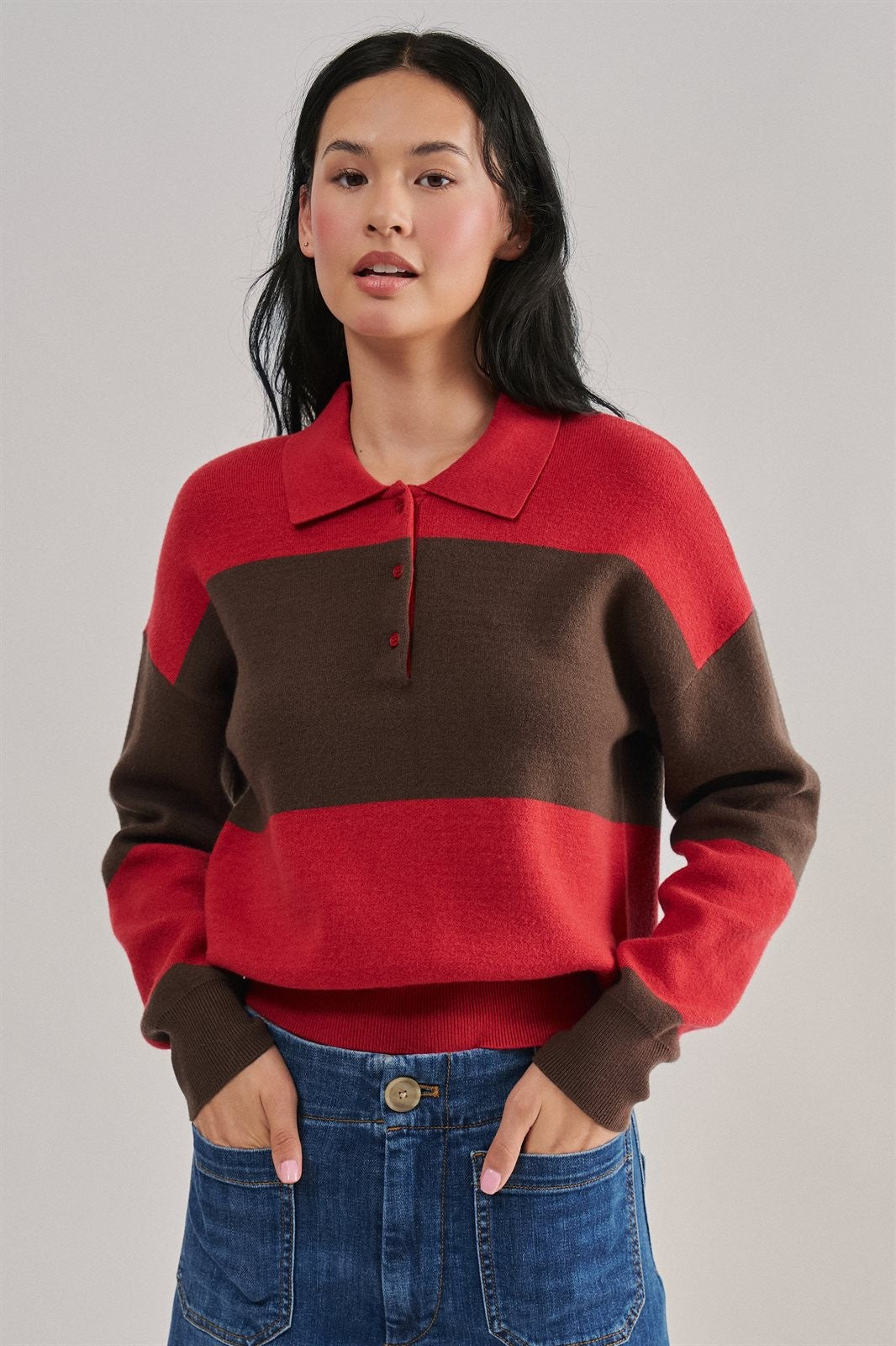 Colorblock Striped Knit Polo Sweater in Red Choco - Women's Sweaters | Urban Daizy