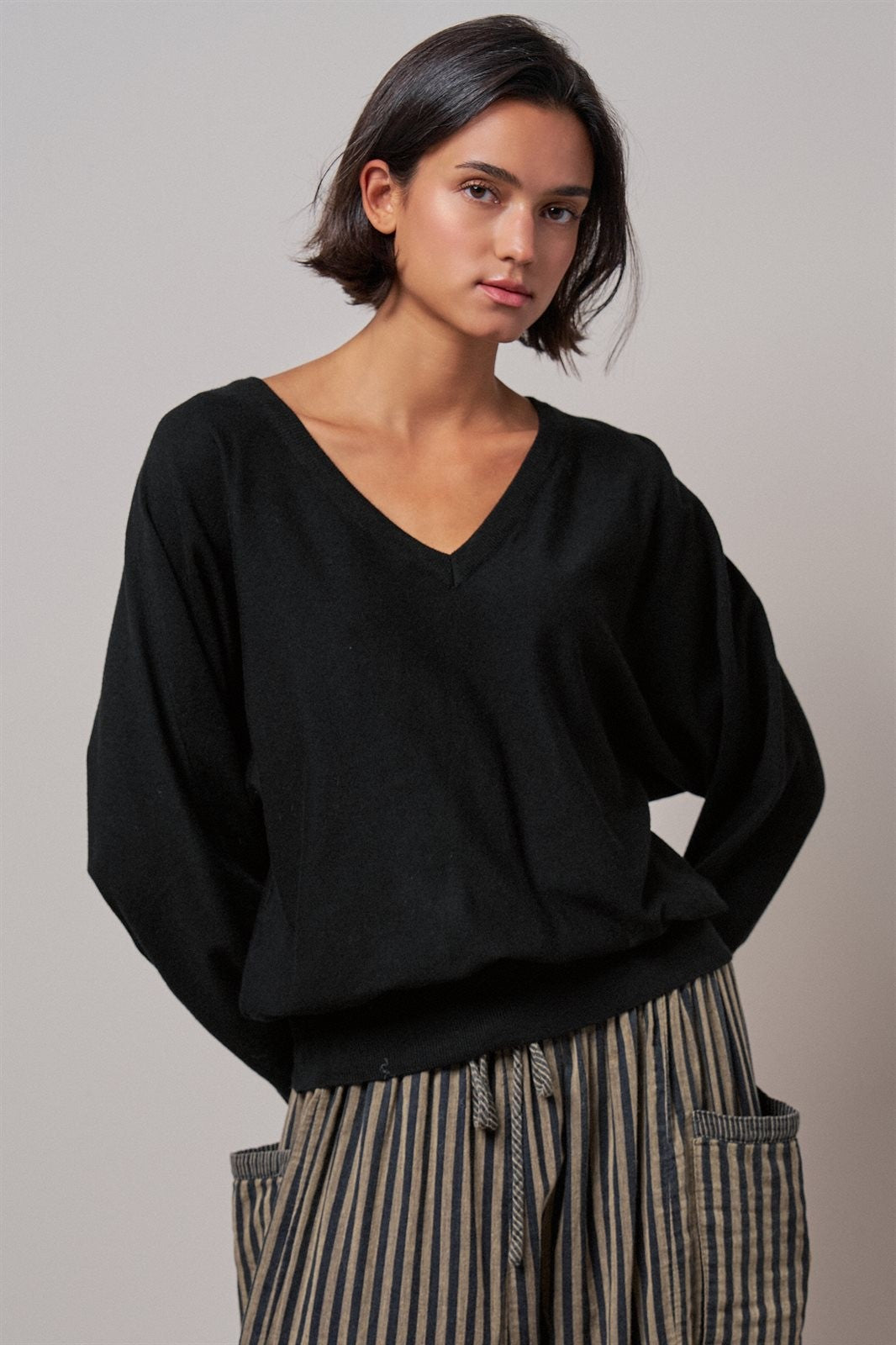 Viscose Blend V-Neck Drop Shoulder Sweater Knit Top in Black - Women's Sweaters | Urban Daizy
