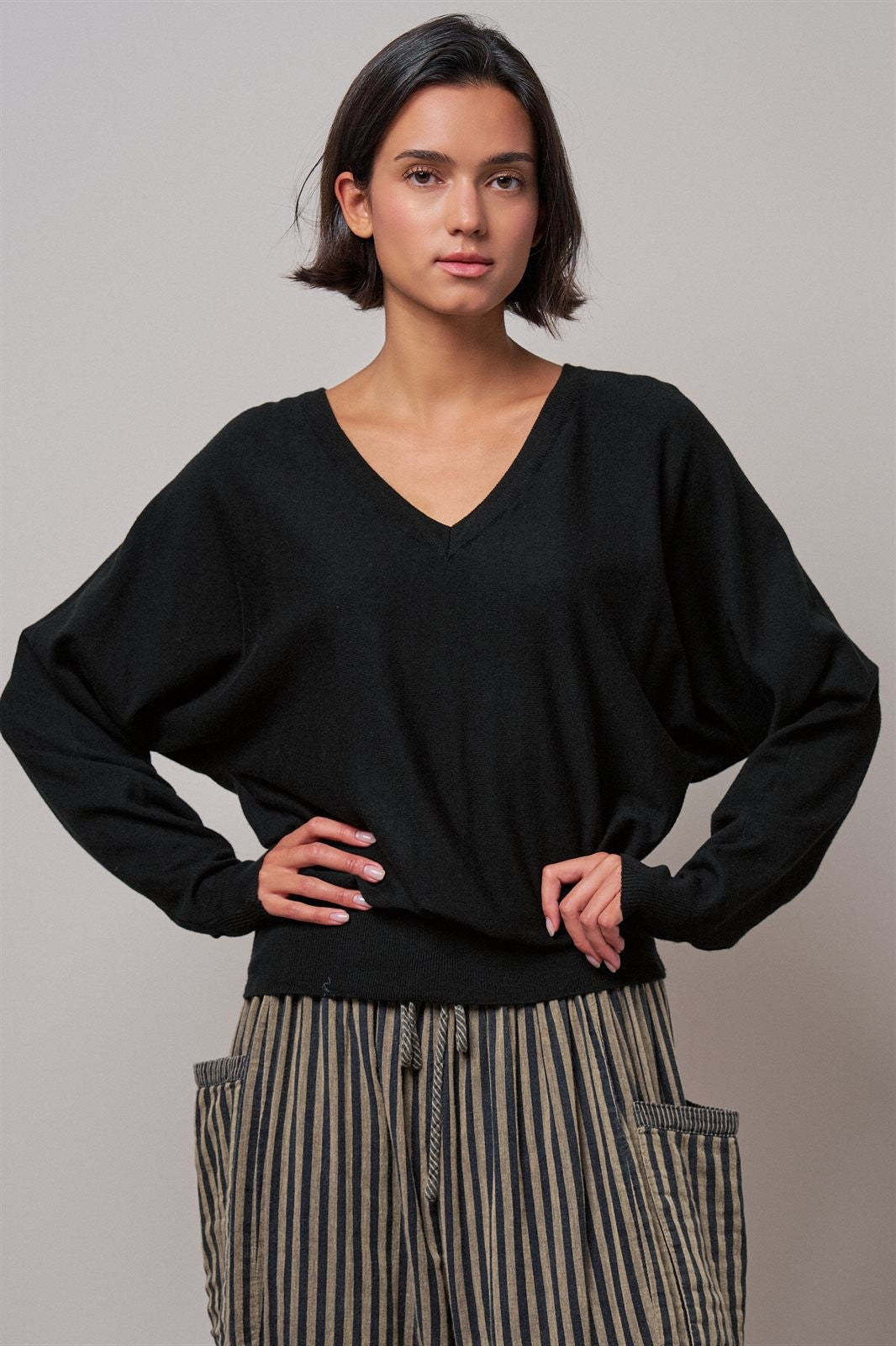 Viscose Blend V-Neck Drop Shoulder Sweater Knit Top in Black - Women's Sweaters | Urban Daizy