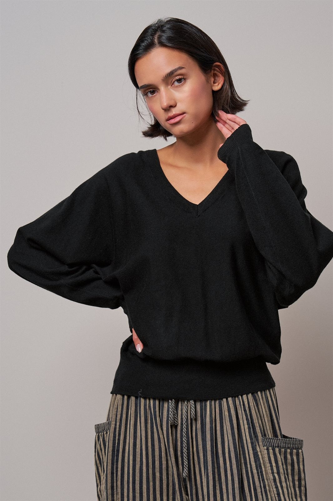 Viscose Blend V-Neck Drop Shoulder Sweater Knit Top in Black - Women's Sweaters | Urban Daizy