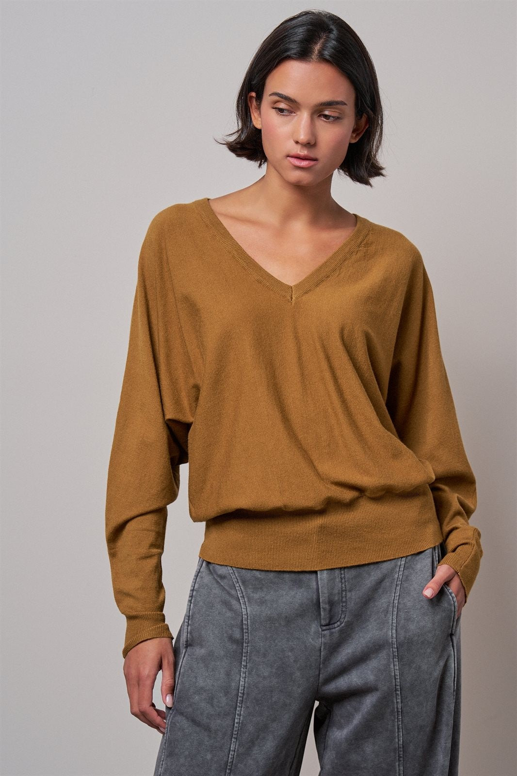Viscose Blend V-Neck Drop Shoulder Sweater Knit Top in Caramel - Women's Sweaters | Urban Daizy