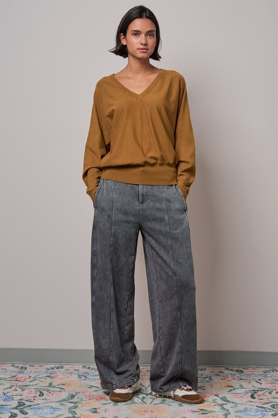 Viscose Blend V-Neck Drop Shoulder Sweater Knit Top in Caramel - Women's Sweaters | Urban Daizy