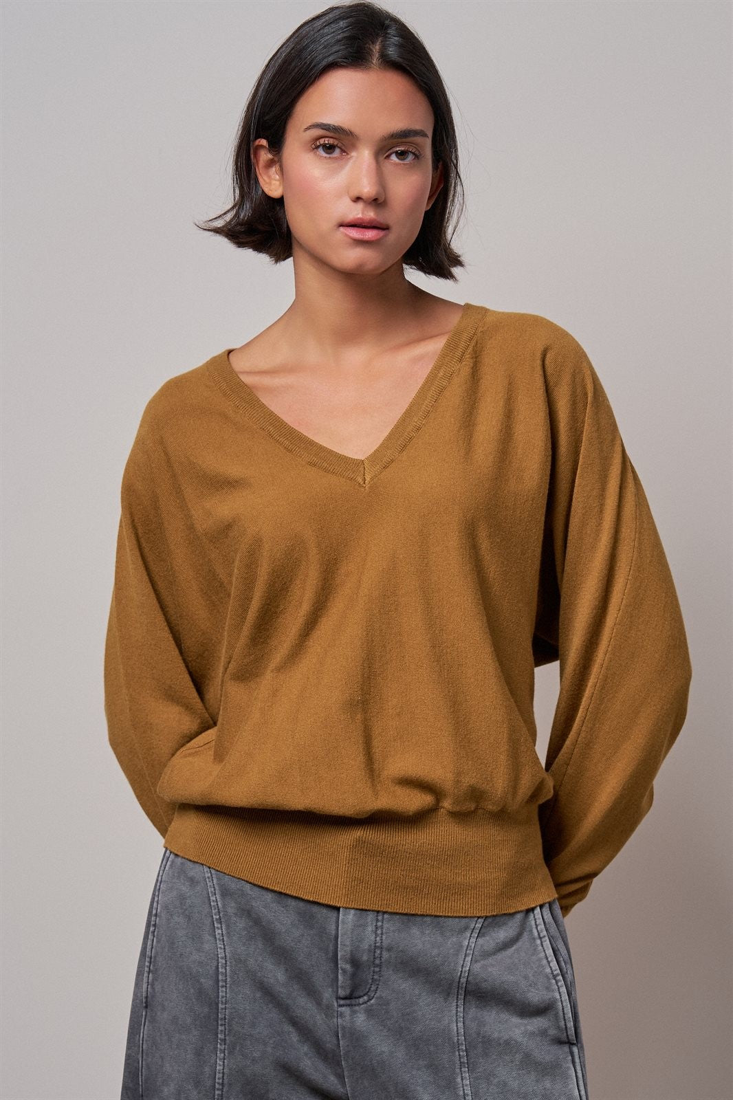 Viscose Blend V-Neck Drop Shoulder Sweater Knit Top in Caramel - Women's Sweaters | Urban Daizy
