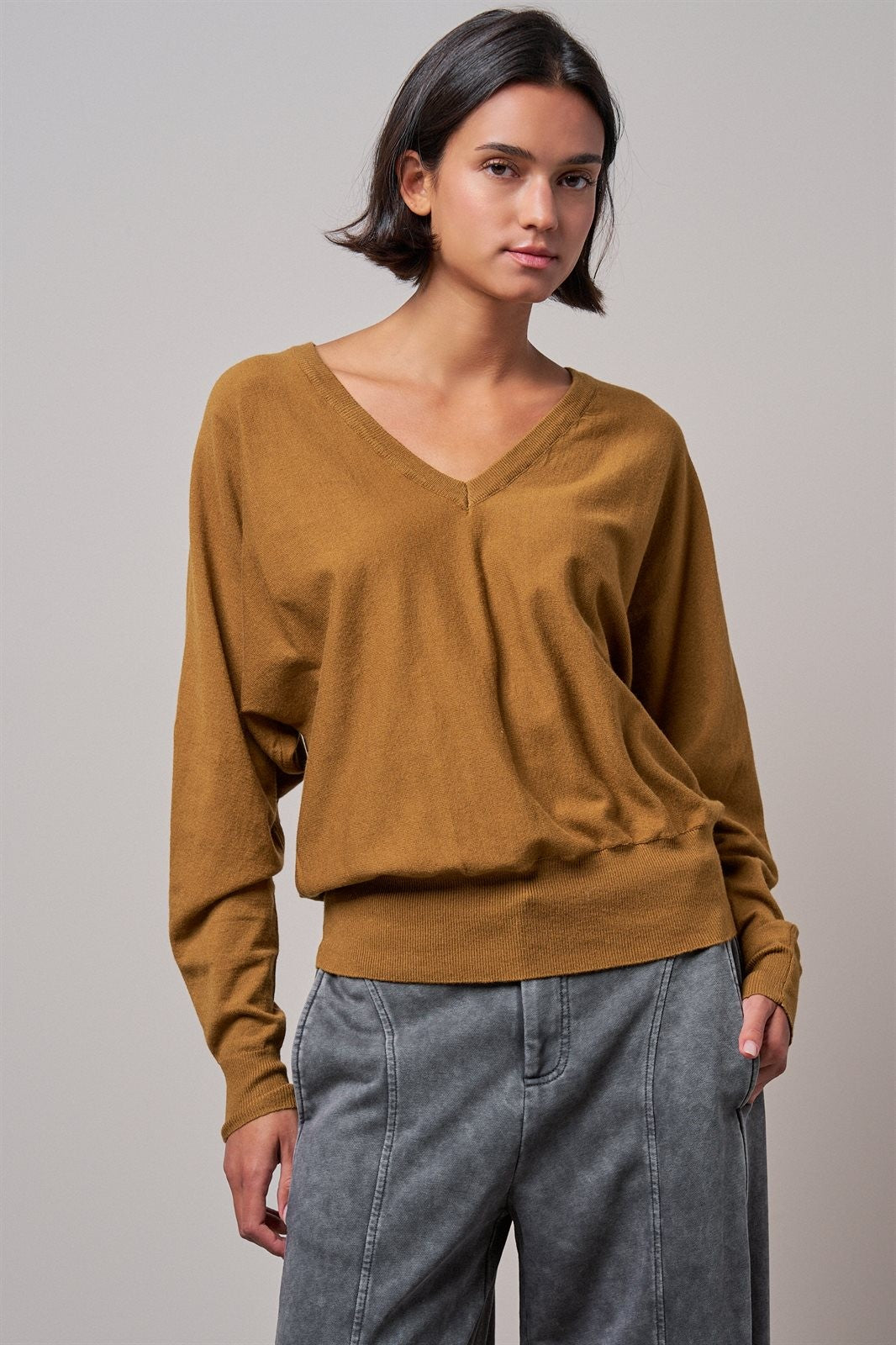 Viscose Blend V-Neck Drop Shoulder Sweater Knit Top in Caramel - Women's Sweaters | Urban Daizy