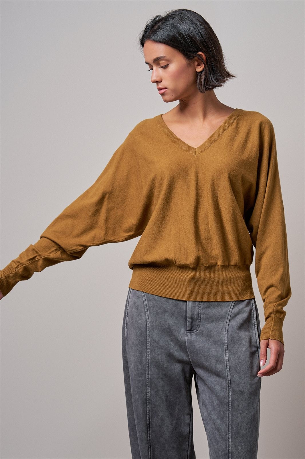 Viscose Blend V-Neck Drop Shoulder Sweater Knit Top in Caramel - Women's Sweaters | Urban Daizy