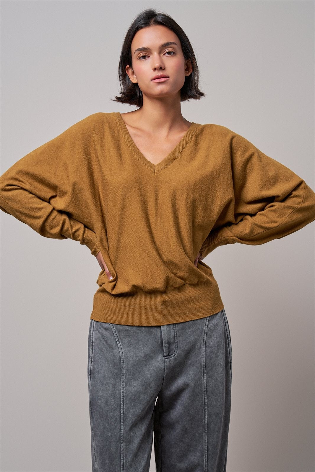 Viscose Blend V-Neck Drop Shoulder Sweater Knit Top in Caramel - Women's Sweaters | Urban Daizy