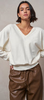 Viscose Blend V-Neck Drop Shoulder Sweater Knit Top in Ivory - Women's Sweaters | Urban Daizy