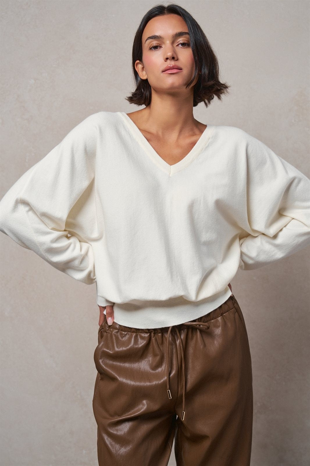 Viscose Blend V-Neck Drop Shoulder Sweater Knit Top in Ivory - Women's Sweaters | Urban Daizy