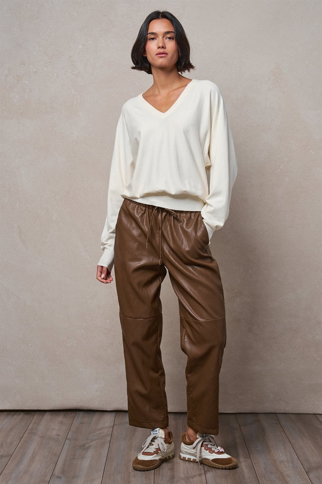 Viscose Blend V-Neck Drop Shoulder Sweater Knit Top in Ivory - Women's Sweaters | Urban Daizy