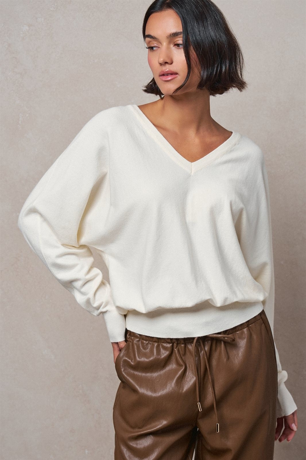 Viscose Blend V-Neck Drop Shoulder Sweater Knit Top in Ivory - Women's Sweaters | Urban Daizy