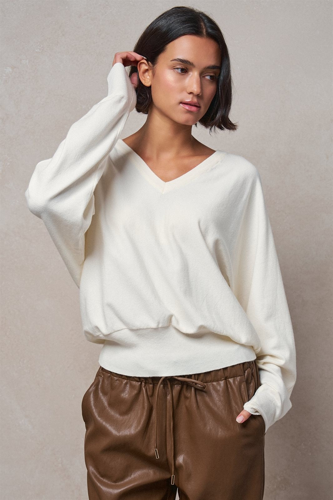 Viscose Blend V-Neck Drop Shoulder Sweater Knit Top in Ivory - Women's Sweaters | Urban Daizy
