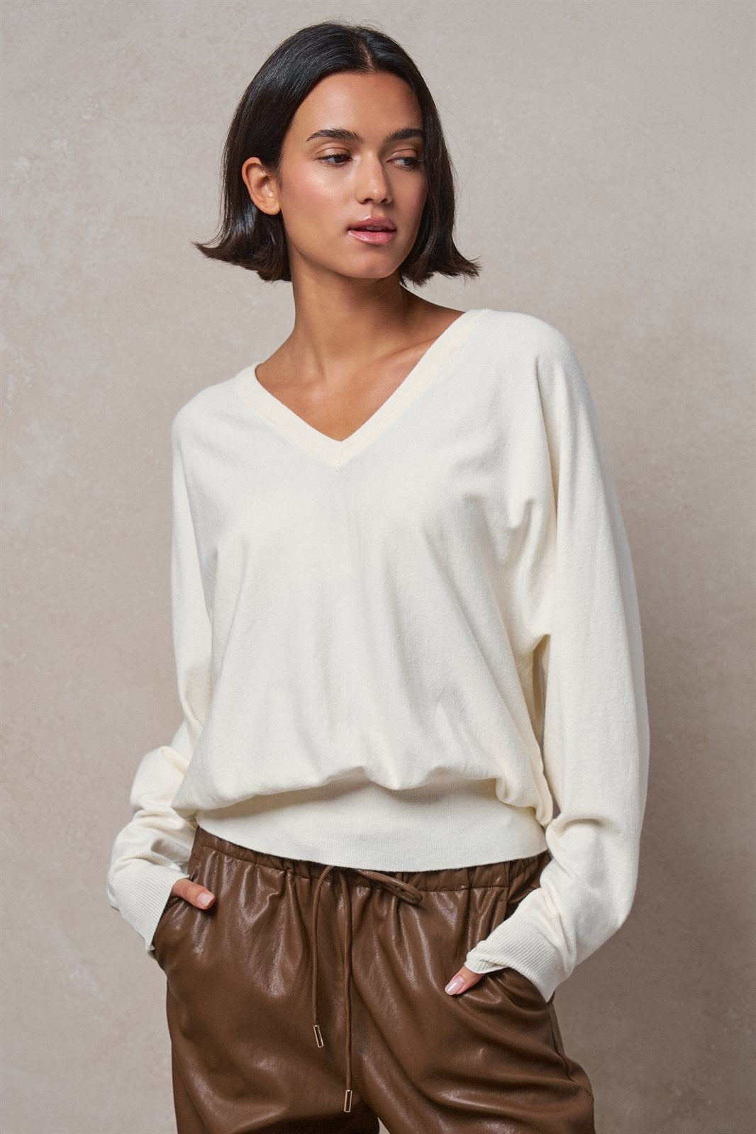 Viscose Blend V-Neck Drop Shoulder Sweater Knit Top in Ivory - Women's Sweaters | Urban Daizy