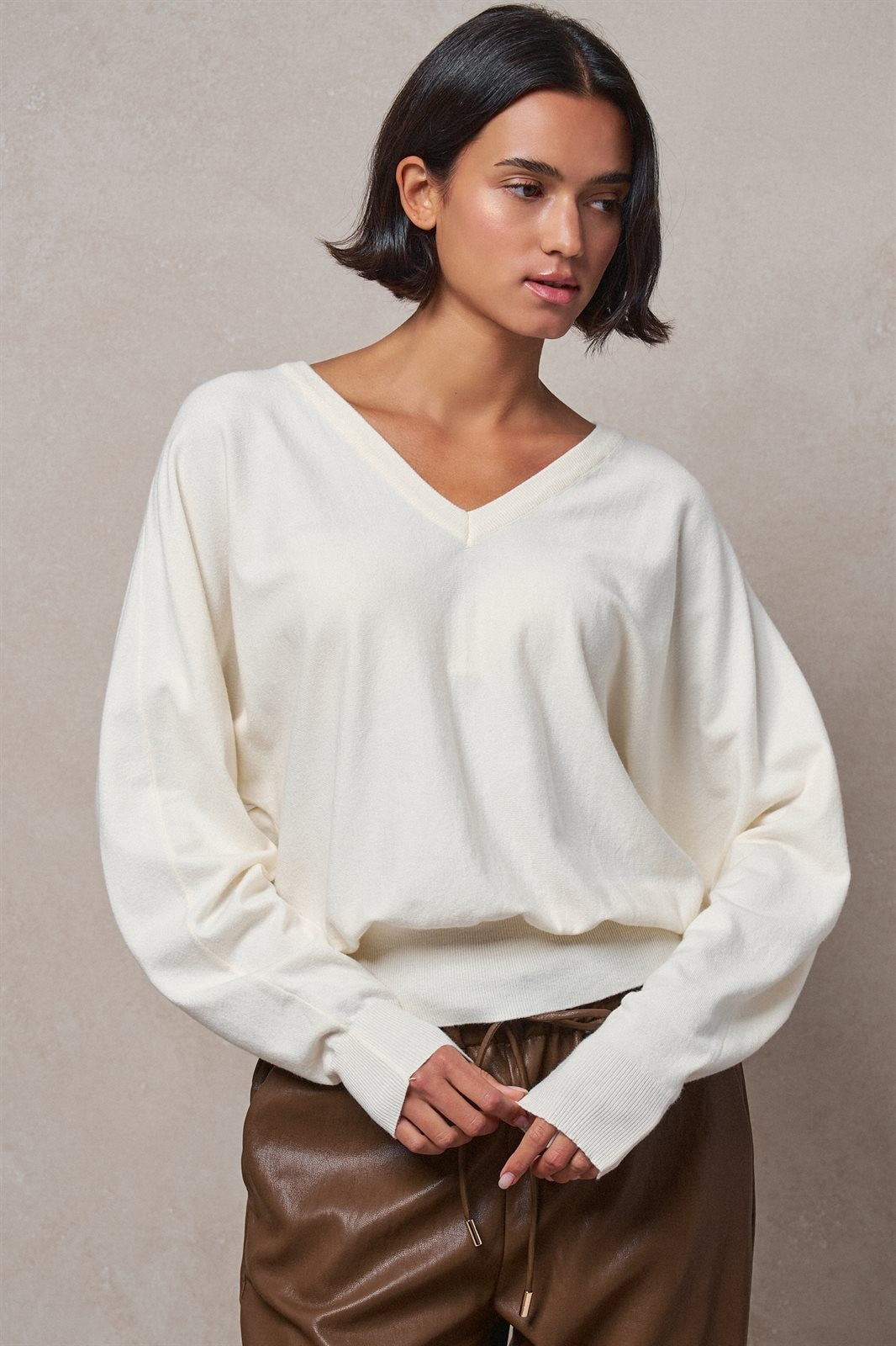Viscose Blend V-Neck Drop Shoulder Sweater Knit Top in Ivory - Women's Sweaters | Urban Daizy