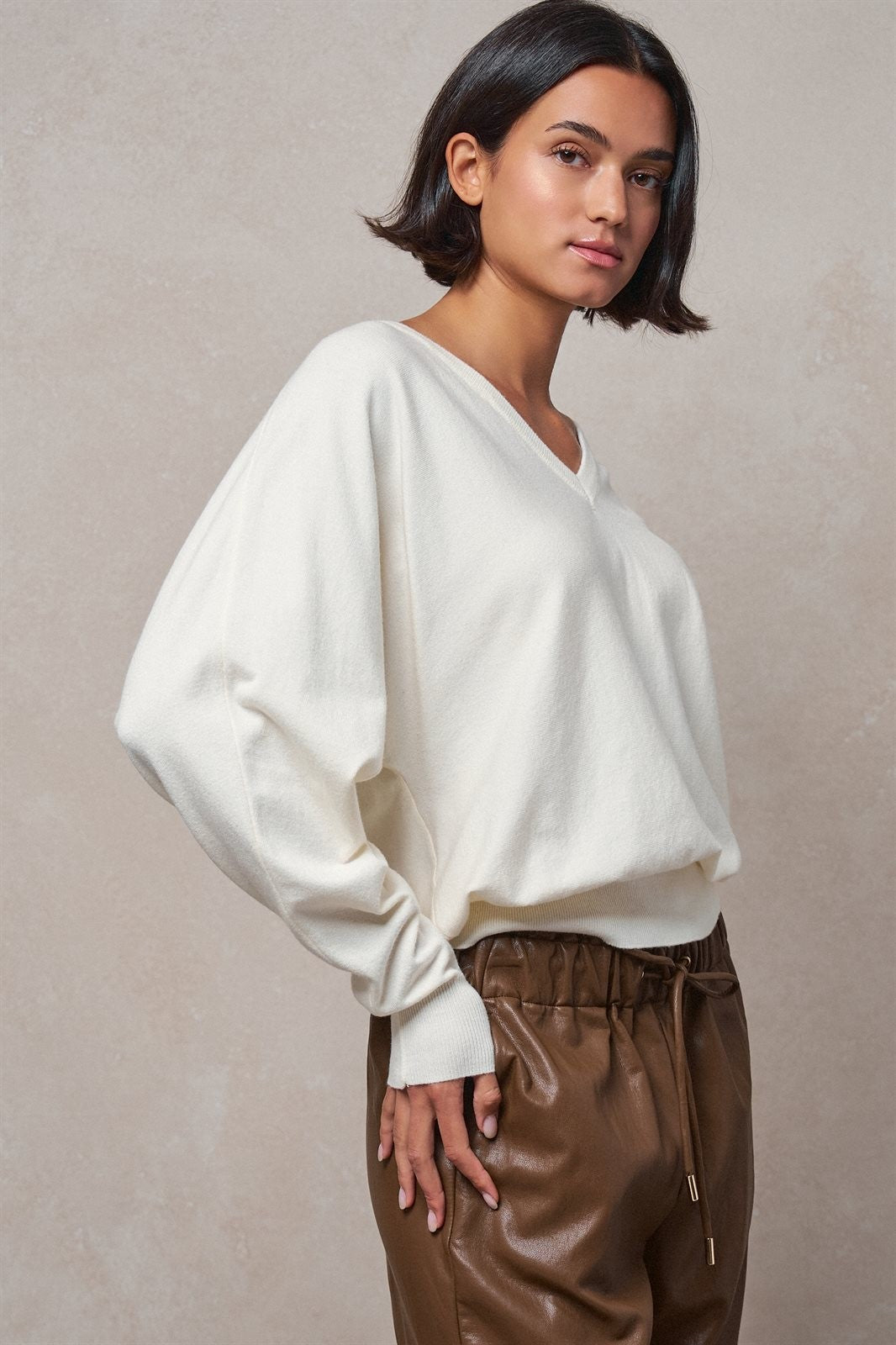 Viscose Blend V-Neck Drop Shoulder Sweater Knit Top in Ivory - Women's Sweaters | Urban Daizy