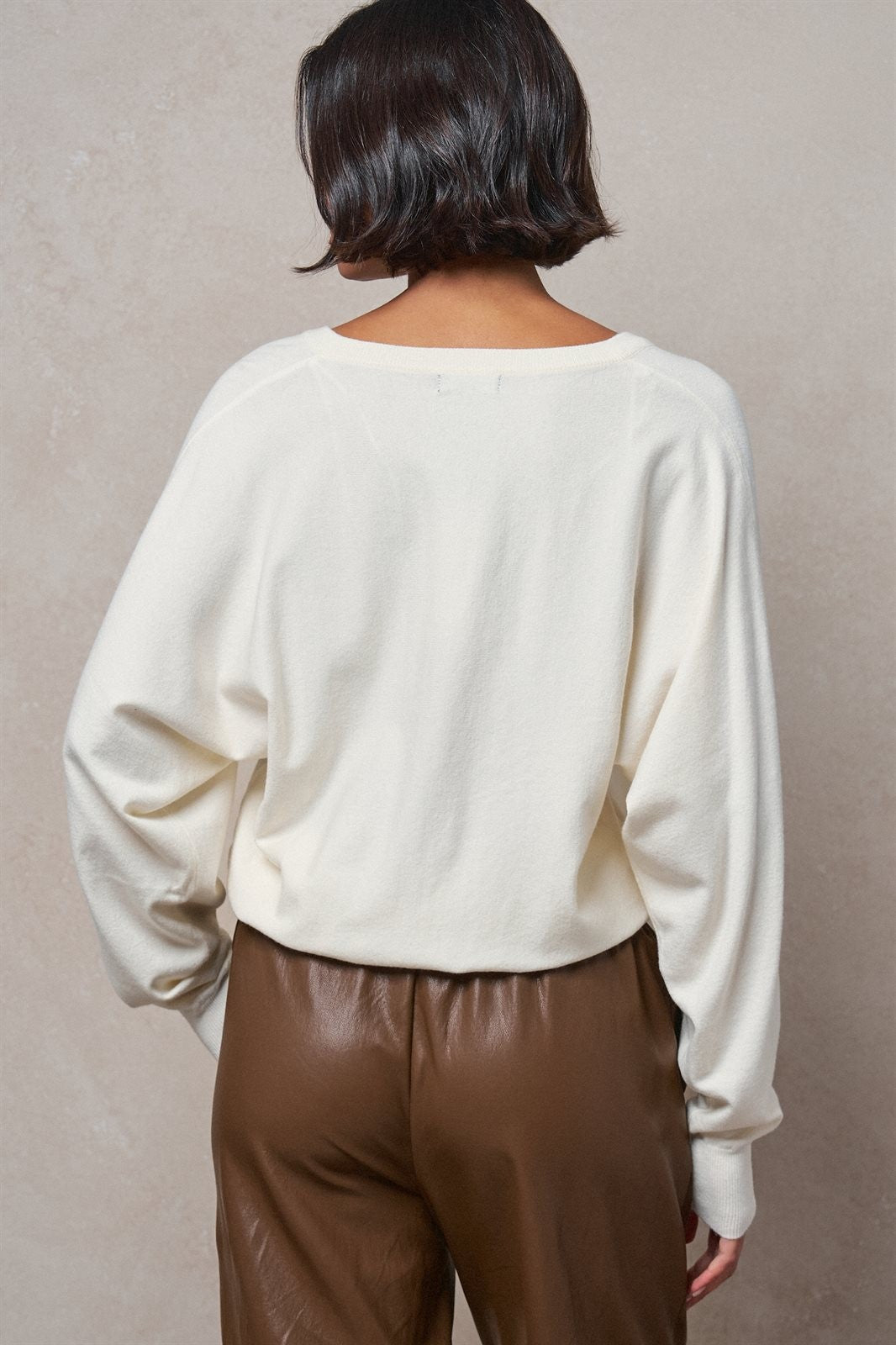 Viscose Blend V-Neck Drop Shoulder Sweater Knit Top in Ivory - Women's Sweaters | Urban Daizy