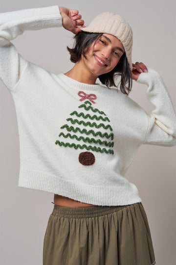 Tree Crochet Appliqué Knit Pullover Sweater