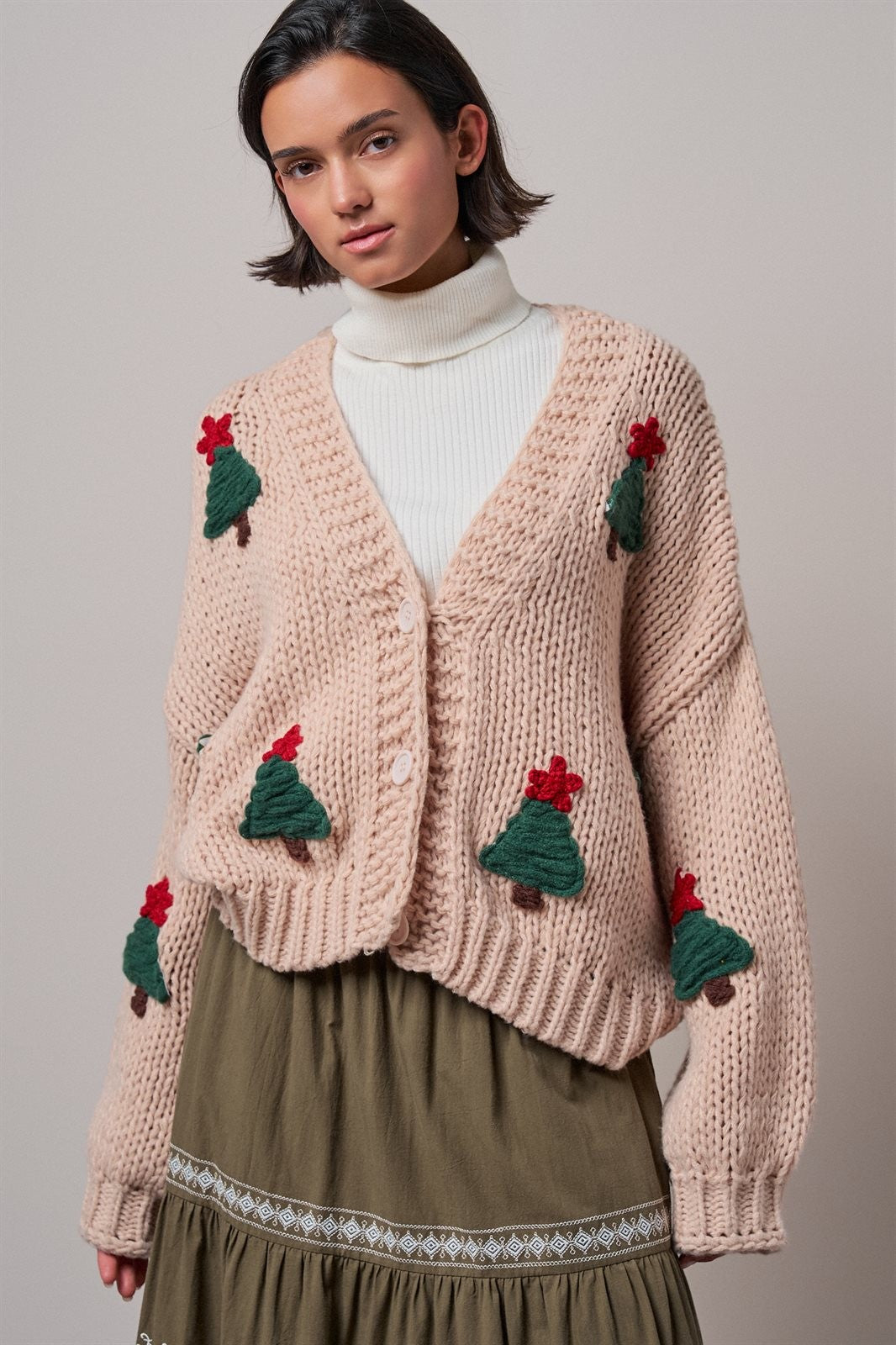 Christmas Tree Appliqué Oversized Chunky Knit Cardigan in Taupe	 - Women's Cardigans & Shrugs | Urban Daizy
