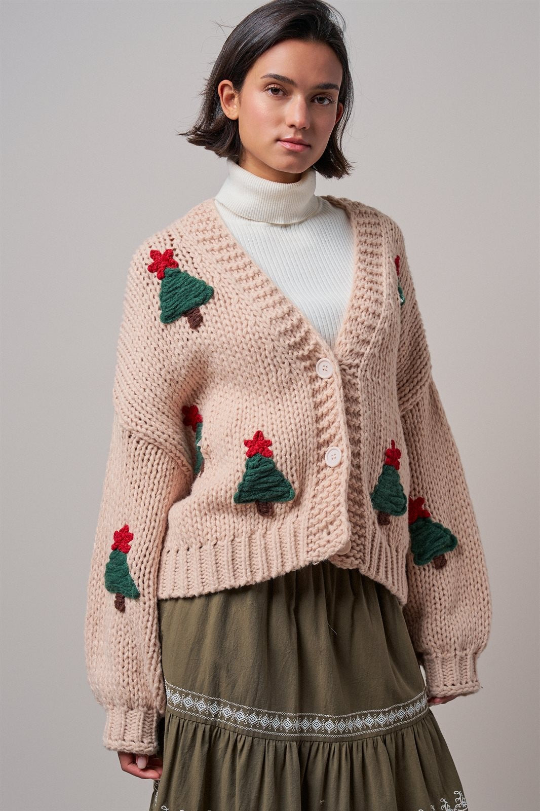 Christmas Tree Appliqué Oversized Chunky Knit Cardigan in Taupe	 - Women's Cardigans & Shrugs | Urban Daizy