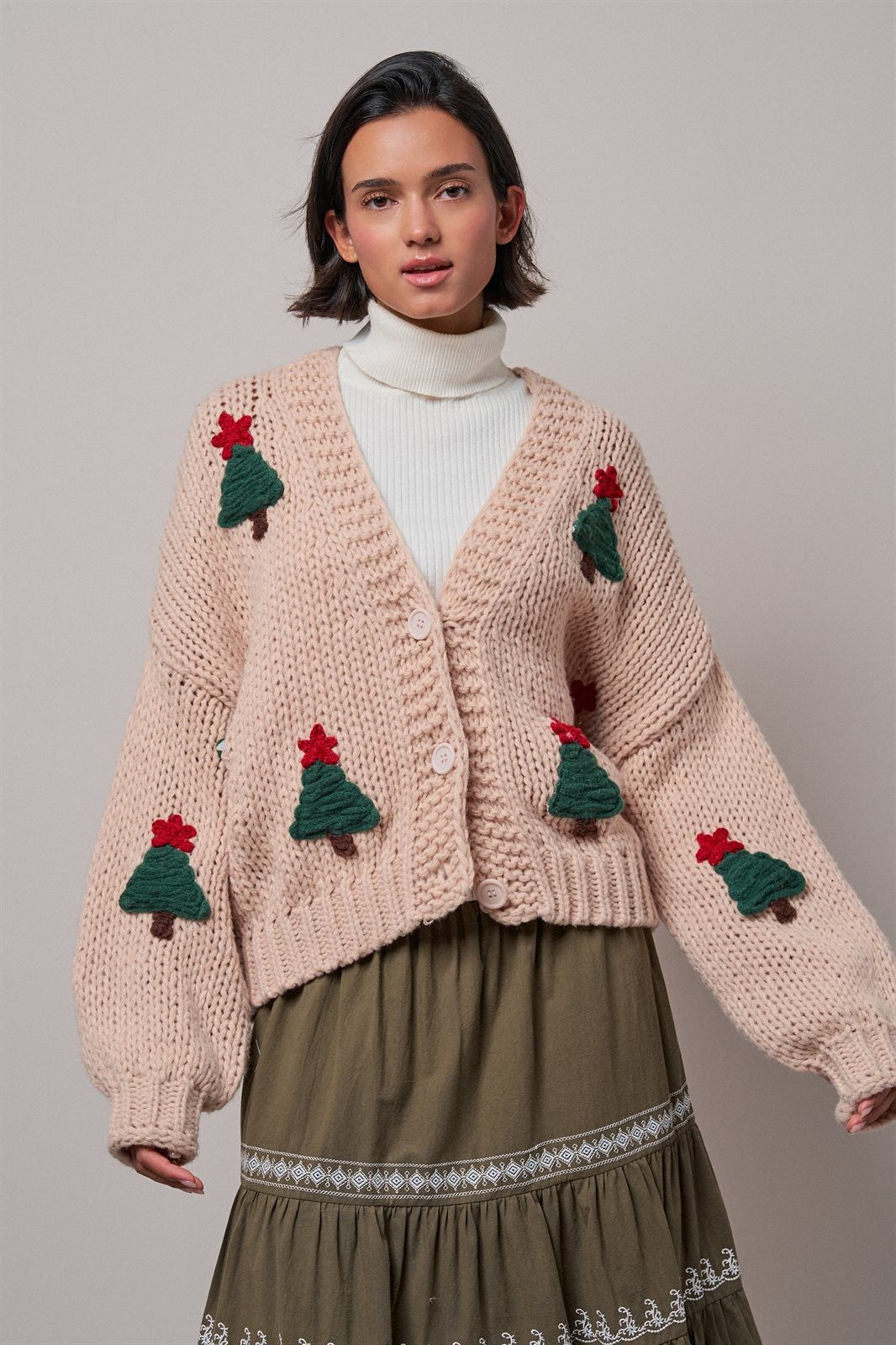 Christmas Tree Appliqué Oversized Chunky Knit Cardigan in Taupe	 - Women's Cardigans & Shrugs | Urban Daizy