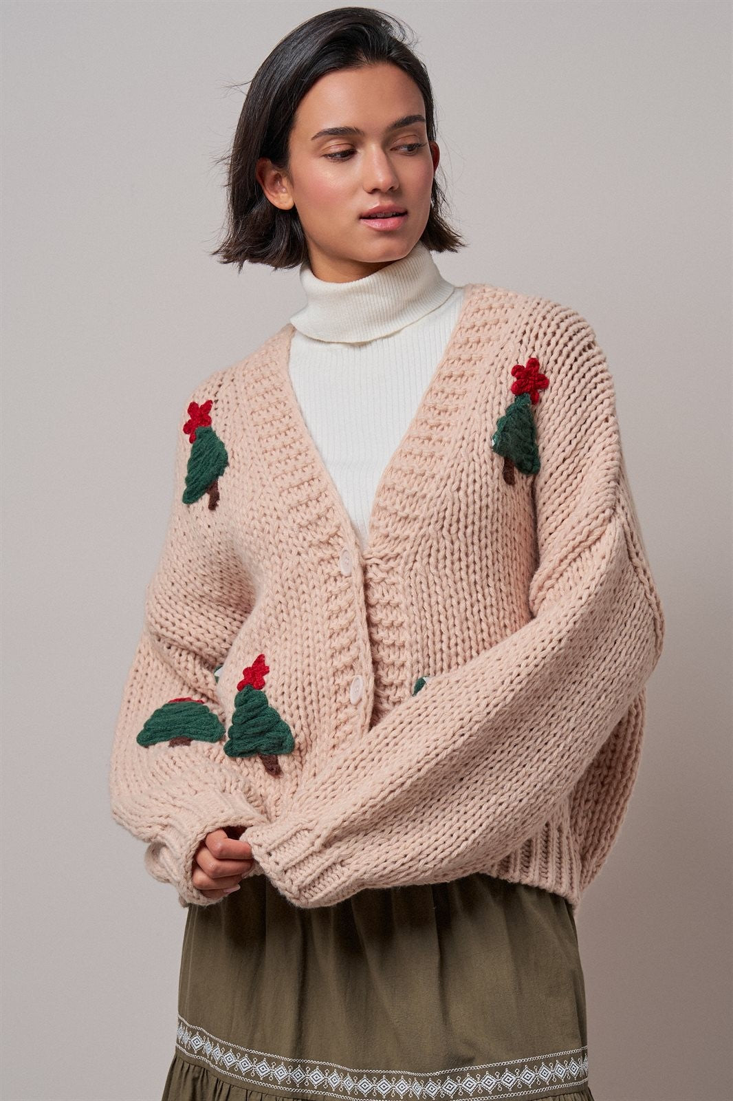 Christmas Tree Appliqué Oversized Chunky Knit Cardigan in Taupe	 - Women's Cardigans & Shrugs | Urban Daizy