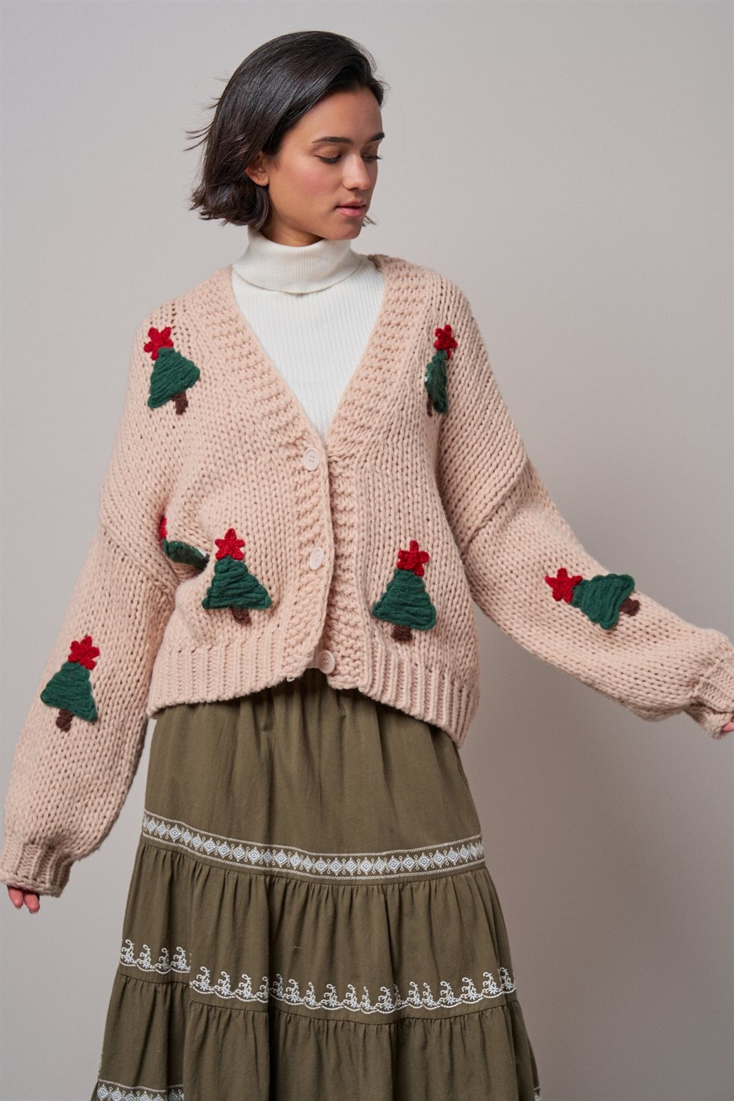 Christmas Tree Appliqué Oversized Chunky Knit Cardigan in Taupe	 - Women's Cardigans & Shrugs | Urban Daizy