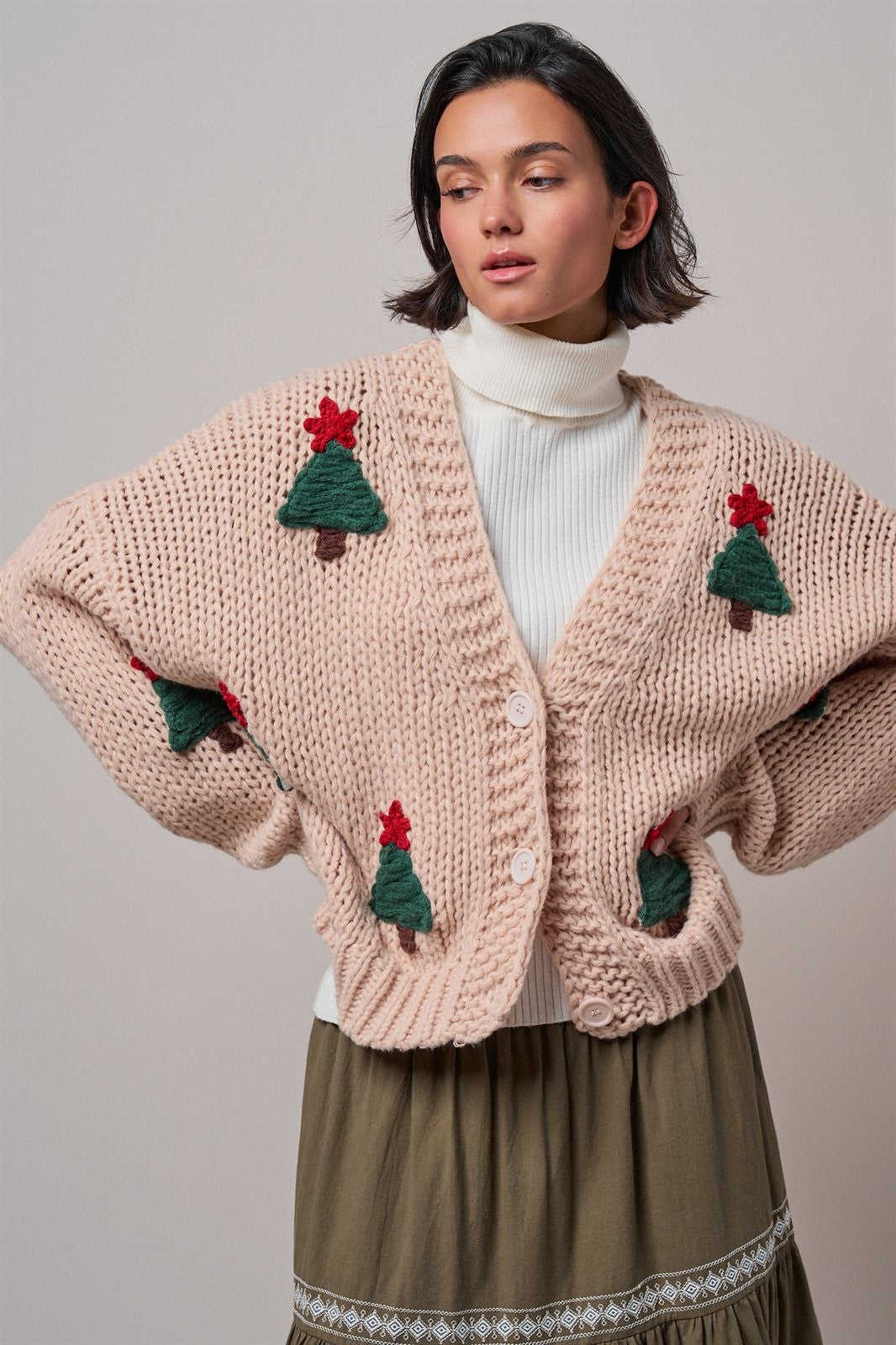 Christmas Tree Appliqué Oversized Chunky Knit Cardigan in Taupe	 - Women's Cardigans & Shrugs | Urban Daizy