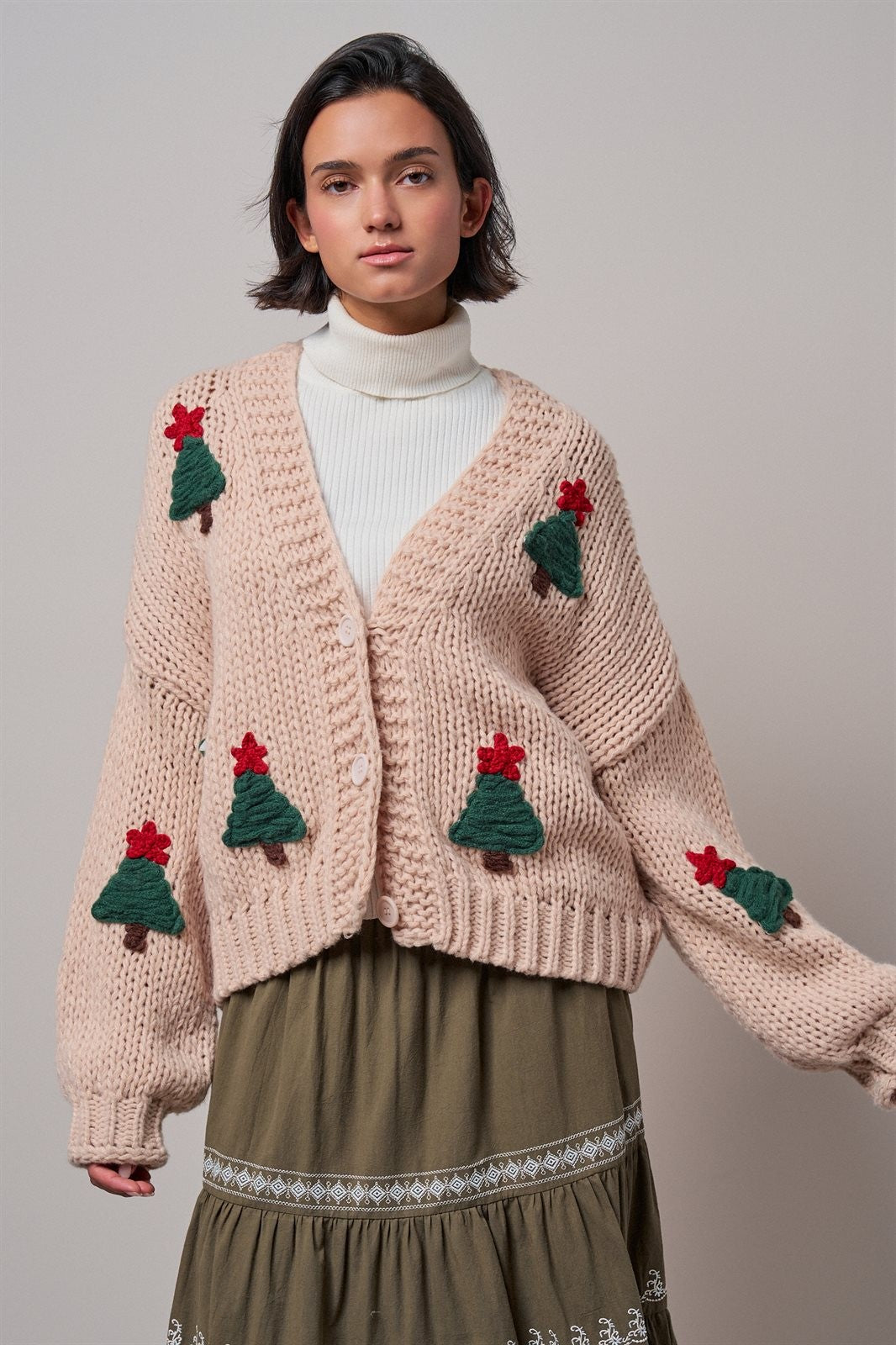 Christmas Tree Appliqué Oversized Chunky Knit Cardigan in Taupe	 - Women's Cardigans & Shrugs | Urban Daizy