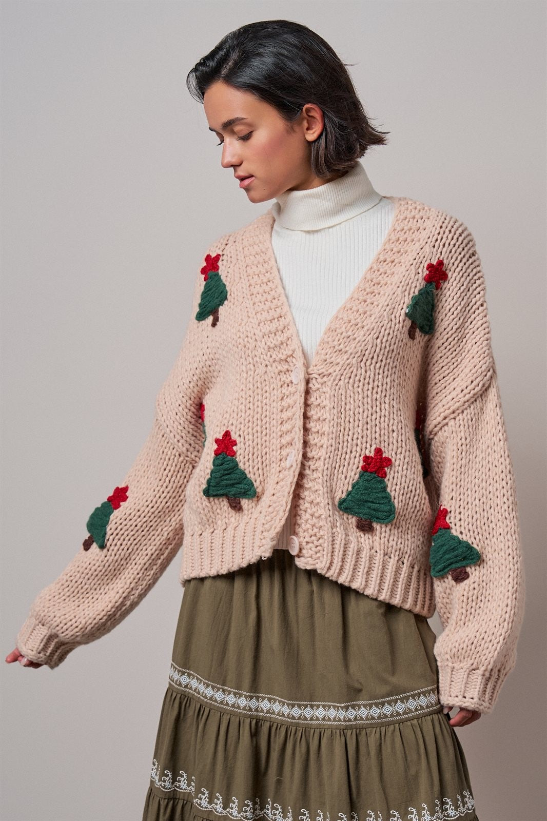 Christmas Tree Appliqué Oversized Chunky Knit Cardigan in Taupe	 - Women's Cardigans & Shrugs | Urban Daizy