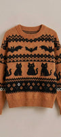 Fair Isle Black Cat Bat Novelty Pullover Sweater in Orange - Women's Sweaters | Urban Daizy
